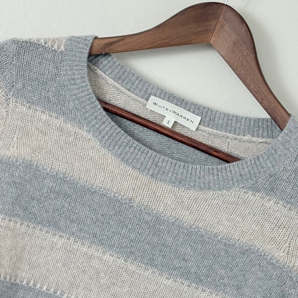White + Warren Sweater Womens S Grey Striped Cashmere Crewneck Ribbed Quiet Lux